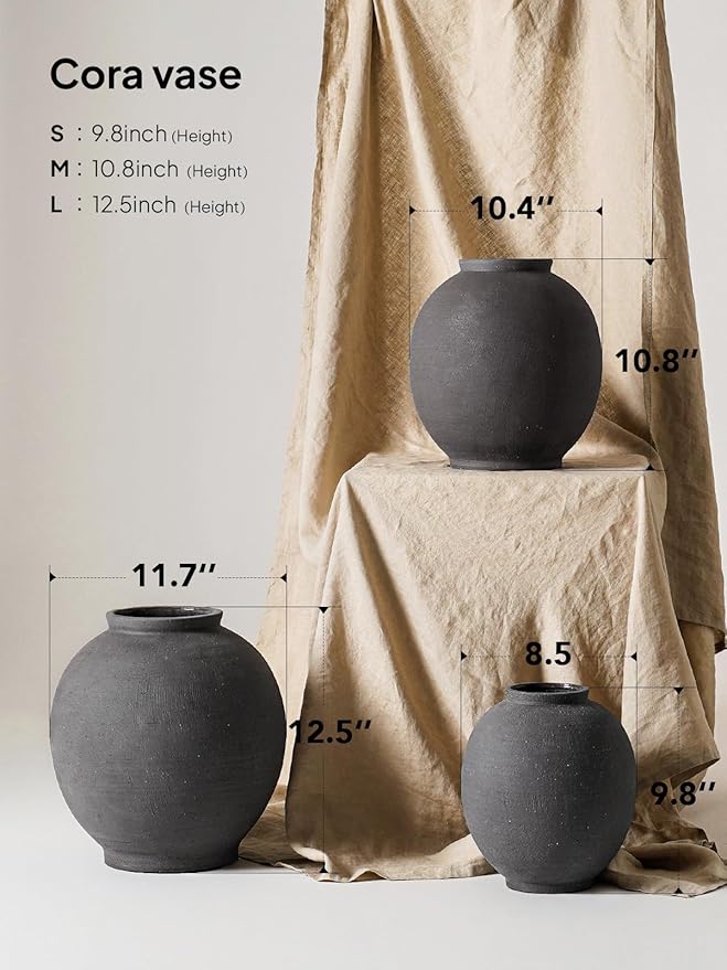 Large Blak Ceramic Vase - 9.8 Inch Rustic Farmhouse Vase for Home Decor, Minimalist Tall Vases for Living Room, Table, Bathroom, Holiday & Weddings (Sandstone Black)