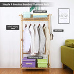 Ufine Bamboo Clothes Hanging Rack with 2 Tier Storage Shelves and 2 Coat Hooks Portable Laundry Rack Cloest Organizer Garment Rack for Bedroom Guest Room