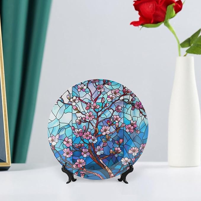 Stained Glass Theme Decorative Ceramic Plate Round Porcelain Plate,6 inch,Cherry Tree Pattern,for Decorative Ornaments Giving Plates, 1 Plate with 1 Display Stand,Blue Pink