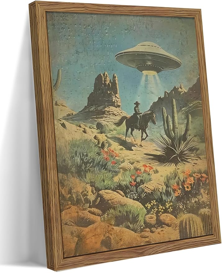 Framed Vintage Intergalactic Western Canvas Wall Art, Alien UFO Abducting Cowboy, Desert Cactus and Flowers Wall Decor, Retro Sci-Fi Poster for Living Room Bedroom – Dark Wooden Frame 16x24in