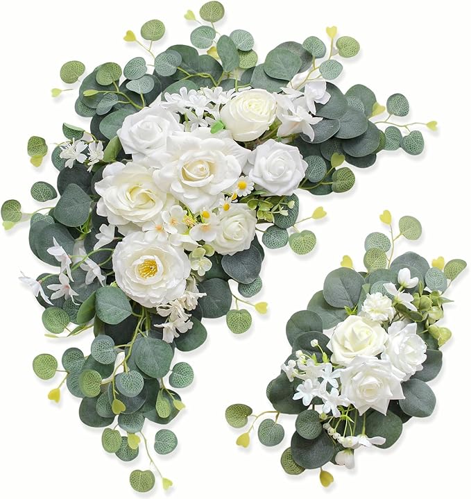 Odouzy Artificial Wedding Arch Flowers for Wedding Sign,Set of 2 for Welcome Ceremony Sign,Faux Floral Swags,Wedding, Banquet and Reception Backdrop Floral Decoration (White Champagne)
