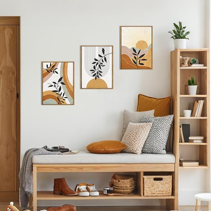 BINCUE Boho Line Wall Art Abstract Plants Wall Decor Mid Century Modern Artwork Framed Boho Abstract Paintings Orange Abstract Wall Pictures Orange Art Prints for Living Room Bedroom Office Farmhouse 12"x16" Set of 3