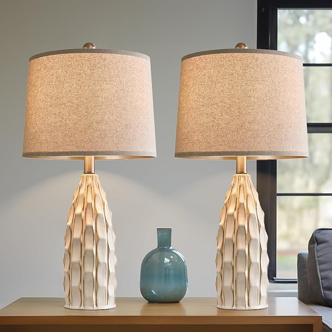 USumkky Ceramic Table Lamps Set of 2, 23.75" Modern Farmhouse Bedside Lamp - Cream Nightstand Lamps for Bedroom, Boho Living Room End Tables, Small Office Desk Lamp Decor
