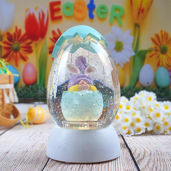 Gnome Easter Snow Globe, Easter Bunny Snow Globe Eggs Spring Decor with Swirling Glitter, 6H Timer, USB or Battery Powered, Speak No Evil Gnome Snowglobe for Tabletop Decor Gift 7.4 Inch (Blue)