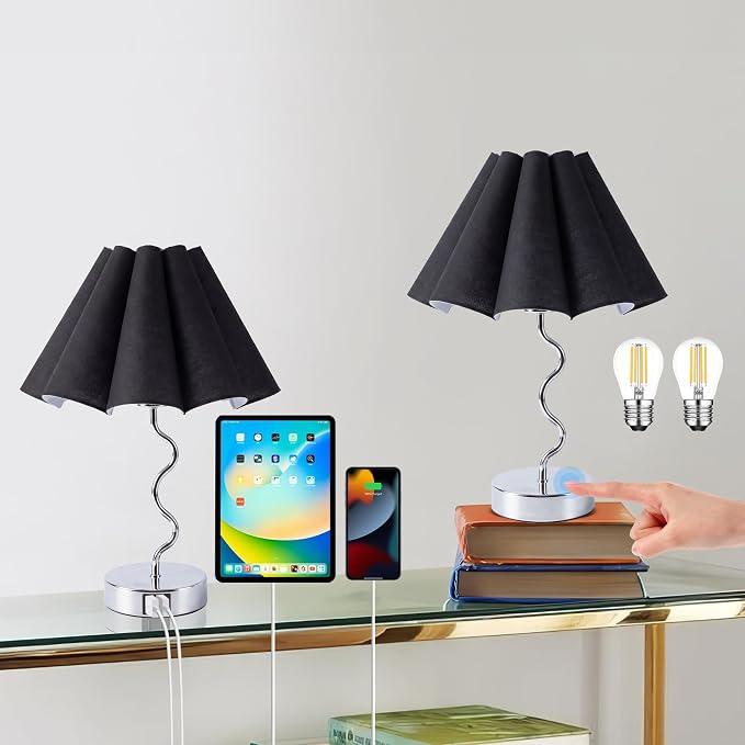 EOEYYOYB Pleated Table Lamp, Table Lamp for Bedroom, Bedside Lamps for Nightstand with Linen Lampshade, Modern Lamp for Bedroom Home Office Decor, Chrome