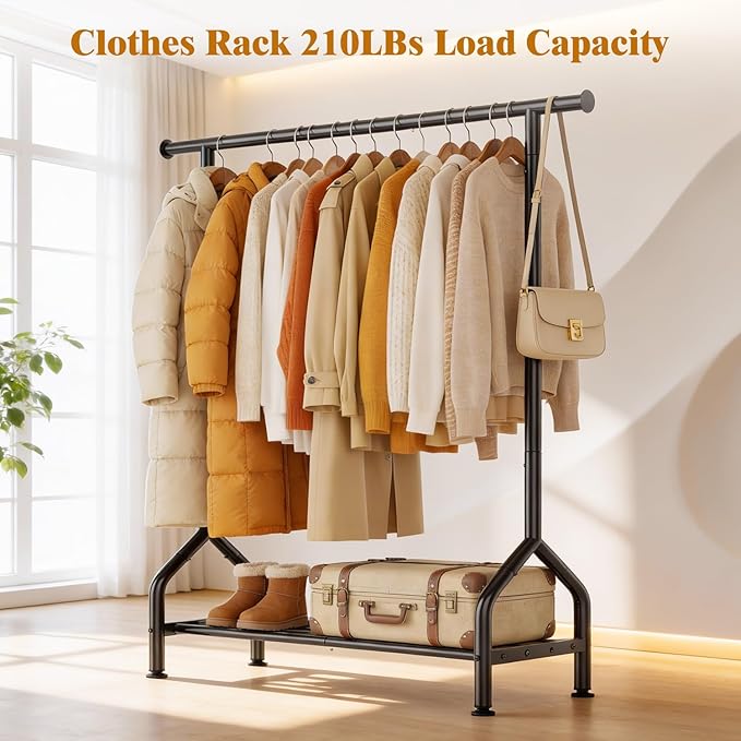 EAGMAK Sturdy Clothing Rack with Shelf, Metal Garment Rack with Leveling Feet for Hanging Clothes, Freestanding Clothes Rack for Bedroom, Apartment & Small Spaces, Black