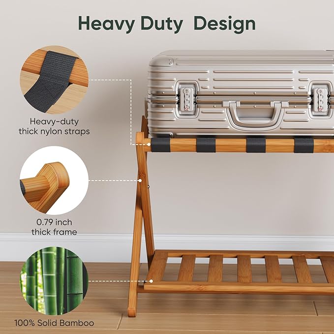 Pack of 2 Fully Assembled Bamboo Luggage Racks with Shoe Shelf, 5 Heavy-Duty Straps Folding Suitcase Stand, Luggage Holders for Guest Room Must Haves, Ideal for Bedroom, Hotel, Honey Oak