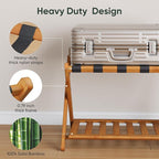 Pack of 2 Fully Assembled Bamboo Luggage Racks with Shoe Shelf, 5 Heavy-Duty Straps Folding Suitcase Stand, Luggage Holders for Guest Room Must Haves, Ideal for Bedroom, Hotel, Honey Oak