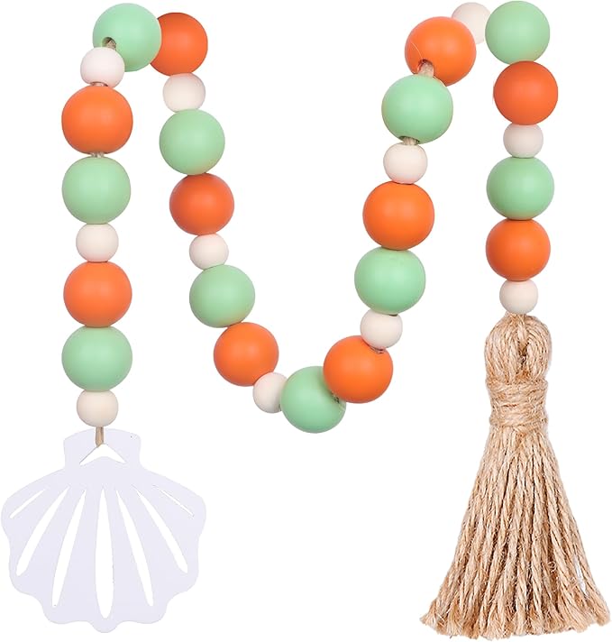 Meplait Wood Bead Garland, Coastal Tassel Garland with Shell Tag Beach Farmhouse Decor for Tiered Tray Table Centerpiece Wall Home Decoration
