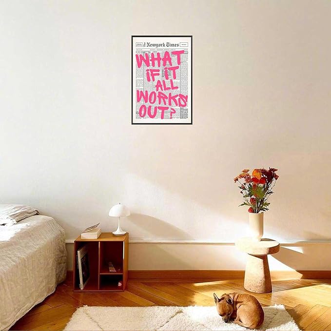 Drimiler Retro Newspaper Pink Font Poster What If It All Works Out Canvas Wall Art Positive Affirming Quote Minimalist Prints Painting For Home Bedroom Dorm Wall Decor 16x24in Framed