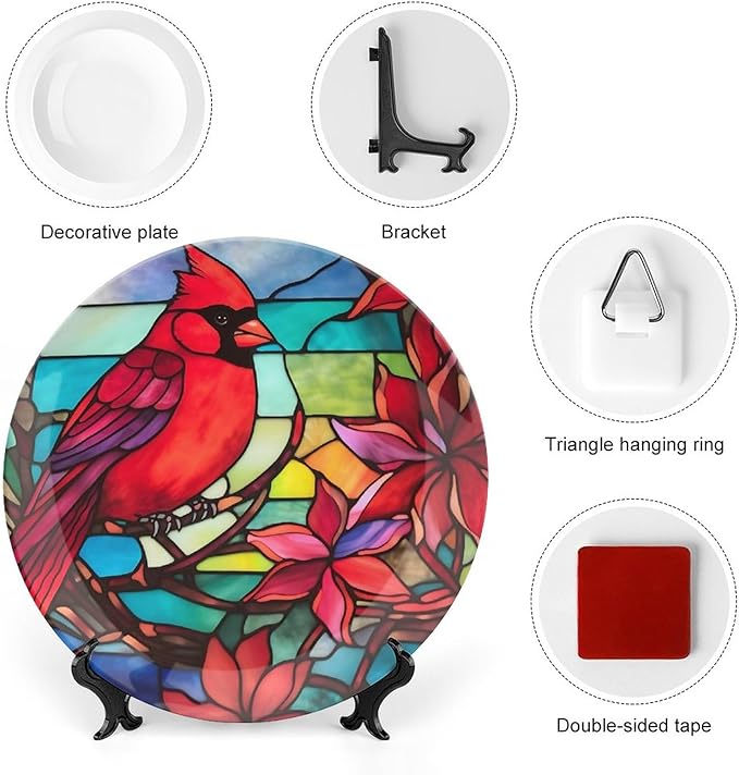 Decorative Plates, Cardinal Bird Stained Glass Design Display Plate for Home Office Kitchen Table Decor Porcelain Plates 7 Inch, Gifts for Loss of Loved