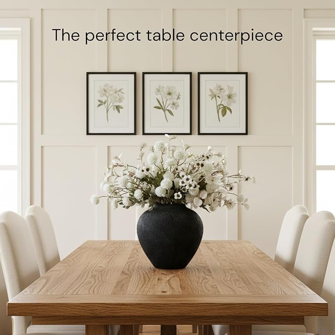 Black Large Round Vase Pottery Look for Home Decor, Arina Black Rustic Iron Vase Modern Farmhouse, Console Table Decor, Earthy Textured Metal Big Black Round Vases for Centerpieces, Jarrones Grandes