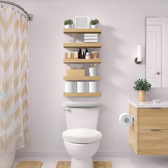 Sorbus Floating Shelves for Wall – 16 Inch Floating Shelf for Kitchen, Bedroom, Living Room, Bathroom, Home & Wall Decor - Mounted Bathroom Shelves with Invisible Brackets (Maple Wood, 4 Pack)