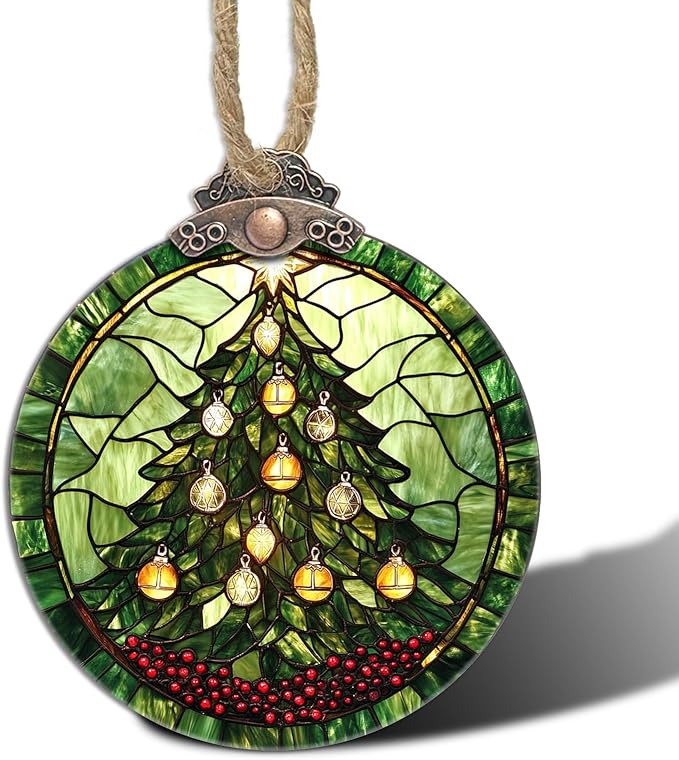 DASTOLL Stained Glass Christmas Decorations, Golden Bell Red Berries Suncatcher for Window Christmas Tree Hanging Ornaments Green Sun Catcher Xmas Decor Gifts for Women Men Mom Nana Friend