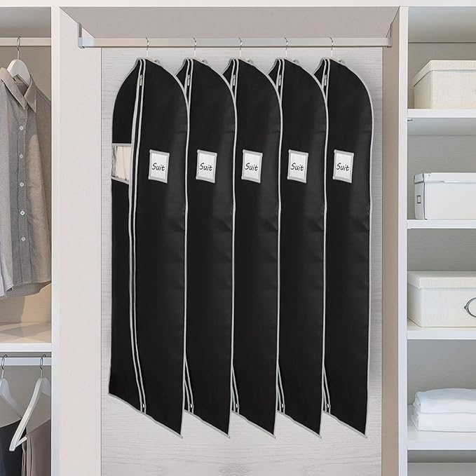 Syeeiex 60'' Dress Bags for Gowns, Set of 8 Garment Bags for Hanging Clothes, Dress Garment Bag, Dustproof and Keep Closet Tidy,Perfect for Suits,Evening Dresses,Fur Coat,Long Dress Gown(Black&Grey)