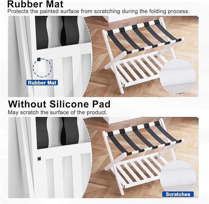 Smuxee Fully Assembled White Luggage Rack, Upgraded Bamboo Foldable Suitcase Stand with 5 Nylon Straps, Luggage Holder with Shelf for Guest Room Bedroom Hotel (White Luggage Rack 1pcs)