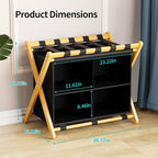Folding Luggage Rack, 2-Pack Natural Bamboo Suitcase Stands with 4 Storage Compartments , Sturdy Luggage Holders for Guest Room, Bedroom, Hotel
