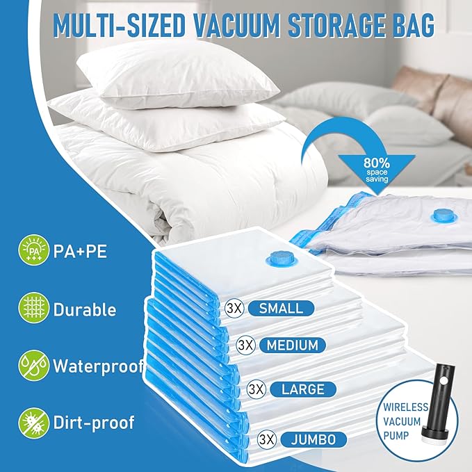 Vacuum Seal Bags for Clothing Travel with Rechargeable Air Pump, 12 Pack of 4 Carry-on Size Space Saver Vacuum Storage Bags, Compression Packing Bags for Luggage Suitcase for Closet Organization