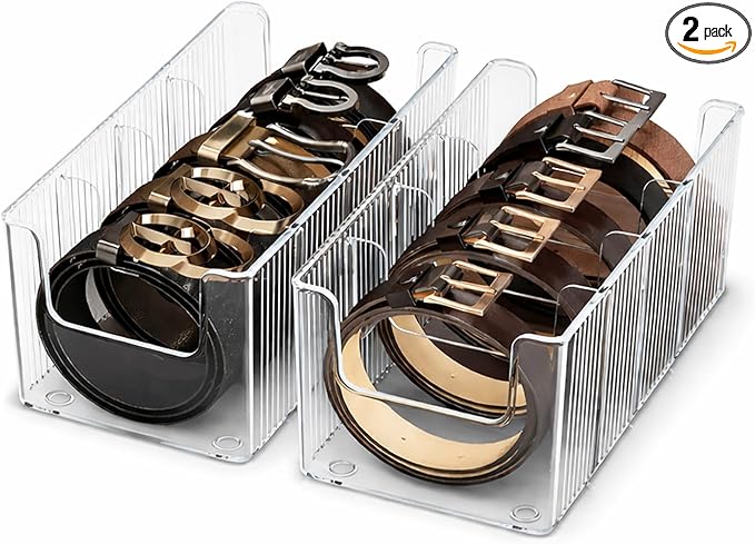 Drawer Belt Organizer for Men –Semi-clear Belt Storage Box for Dress & Leather Belts, Closet Drawer Organization, Holds Up to 10 Belts