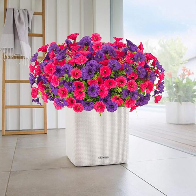 12 Bundles Morning Glory Artificial Flowers for Outdoor Decoration UV Resistant Fake Plastic Plants Artificial Greenery for Indoor Outdoor Garden Patio Window Box Home Decor