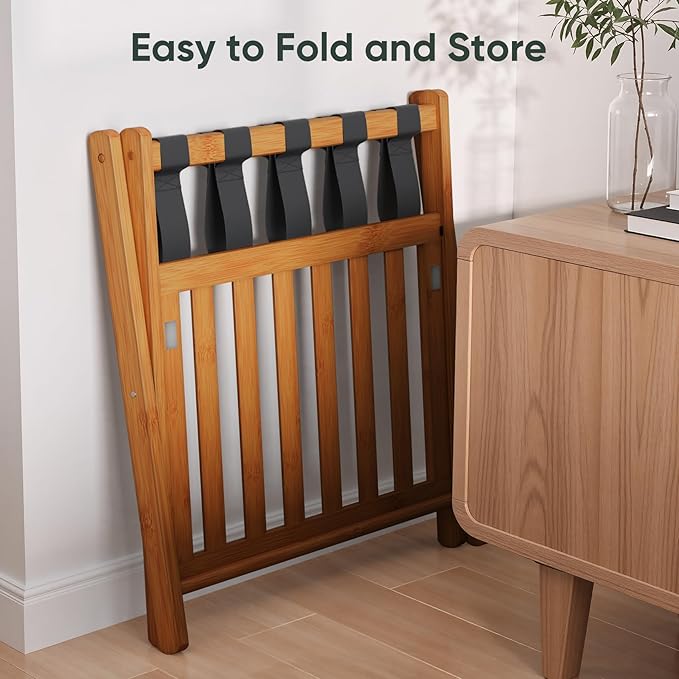 Fully Assembled Bamboo Luggage Racks, Foldable Suitcase Stand with 5 Nylon Straps, Luggage Stand with Shoe Shelf Ideal for Guest Room, Bedroom, Hotel, Honey Oak