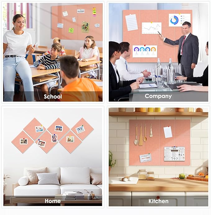 Large Cork Board for Walls 48"x36" |Cork Board Alternative| 12 Pack Felt Wall Tiles| Pink Bulletin Board with Removable Adhesive | Cork Boards Pinboard for Office Home Classroom，Pink