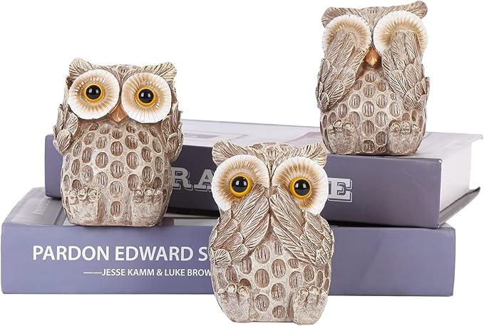 Set of 3 Owl Statues Home Décor, Cute Owl Figurines for Shelf, Living Room Bedroom Office Desktop, Bookshelf, Animal Sculptures Gifts,Small Decor Accents Items for Birds Lovers