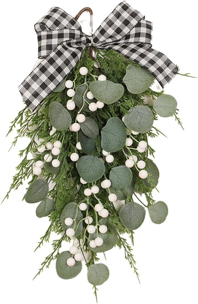 BestAlice 19.7 Inch Eucalyptus Swag with Bow, Wall Hanging Greenery Teardrop Wreath, Artificial Green Leaves Wreaths Decorative for Front Door Farmhouse Decor