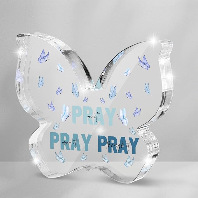 Blue Religious Plaques Christian Woman Decor Gifts, Blue Christian Gifts for Women, Modern Home Office Room Bathroom Bedroom Desk Accessory -Pray On It Pray Over It -Bible Verse Sign(Butterfly)