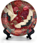 HABEN ARTWORK 10" Ceramic Plates for Display Elegant Cranes Floral Garden Rich Red Decorative Plate with Stand and Hook for Kitchen Dining Room Wall Hanging Decor