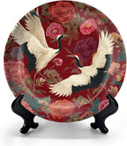 HABEN ARTWORK 10" Ceramic Plates for Display Elegant Cranes Floral Garden Rich Red Decorative Plate with Stand and Hook for Kitchen Dining Room Wall Hanging Decor