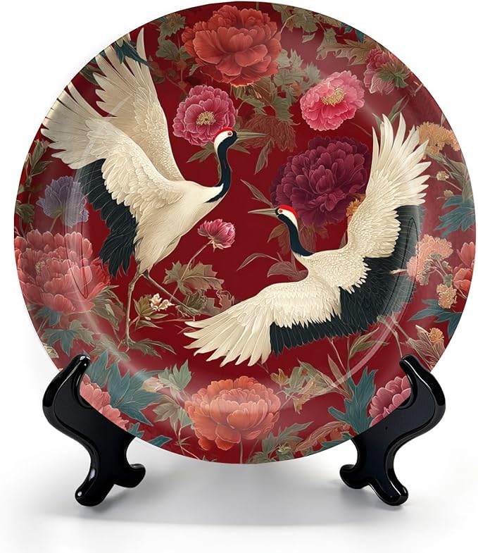 HABEN ARTWORK 10" Ceramic Plates for Display Elegant Cranes Floral Garden Rich Red Decorative Plate with Stand and Hook for Kitchen Dining Room Wall Hanging Decor