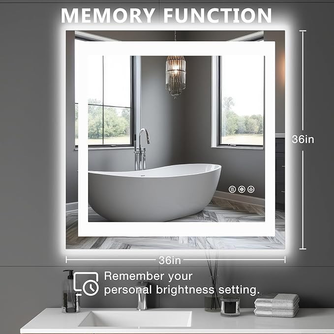 DUMOS 36.1"x36.1" LED Bathroom Mirror, Smart Anti-Fog Bathroom Vanity Mirror with Front Light & Backlit, 3 Color Temperatures, Dimmable, Memory Function
