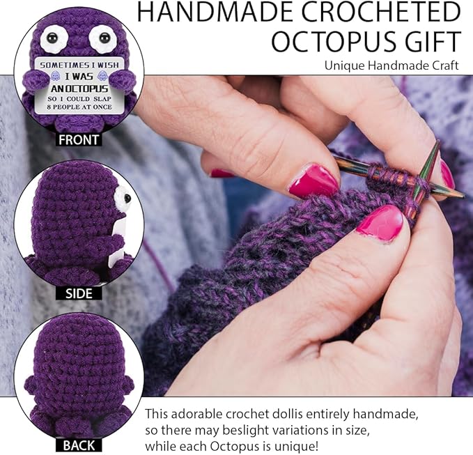 Mini Octopus Emotional Support Crochet with Funny Card, Birthday Gifts for Friends Besties Colleague Purple Octopus Home Office Desk Decor