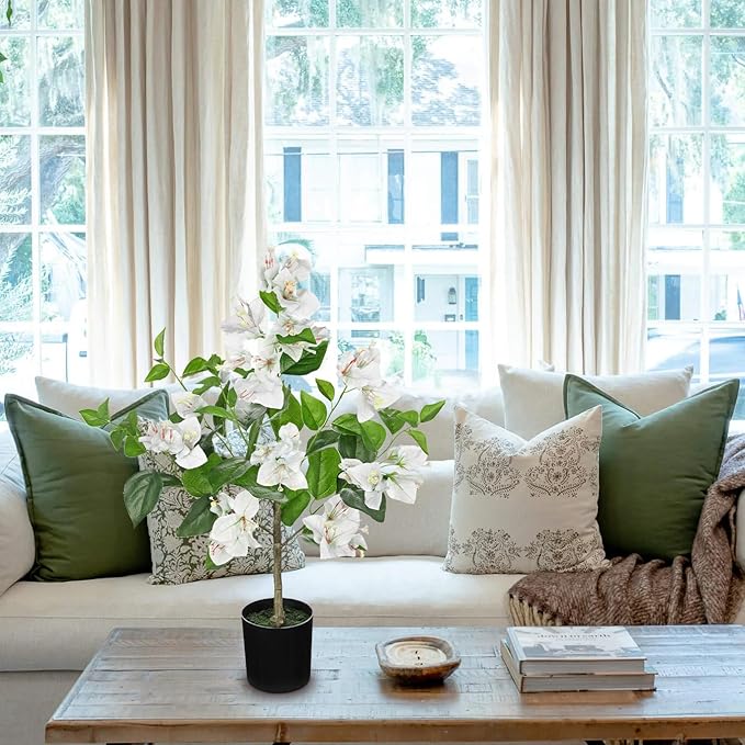 Fake Plants Bougainvillea Artificial Flowers, Fake Flowers Faux Trees Indoor 25.5", White Flowers Artificial Bougainvillea Trees for Home, Living Room, Bedroom, Kitchen, Dining Room Table Decor