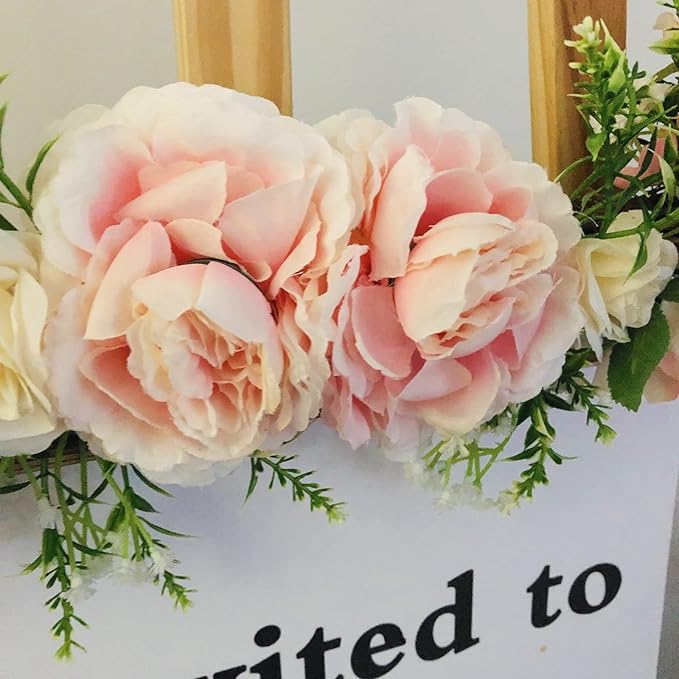 Artificial Peony Rose Flower Swag Spring Floral Lintel Faux Silk Peonies Hydrangeas Green Leaves Garland for Front Door Wall Window Decoration (Rose)