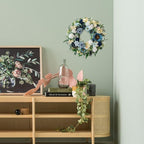 22" Spring Flower Wreath for Front Door Summer Wreaths with Sunflowers Roses Gardenias, Artificial Floral Green Foliage Wreath for Wall Window Farmhouse Party Holiday Home Decor（White Blue）
