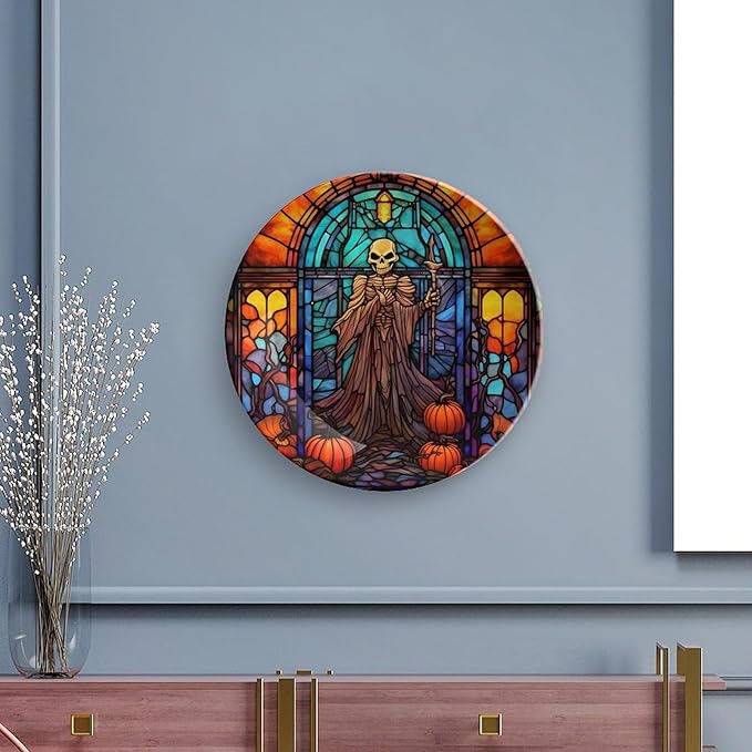 Decorative Plates, Halloween Spooky Stained Glass Design Ceramic Dinner Plate Home Wobble-Plate with Display Stand, Wall Hanging Decor for Dining Room Kitchen Household 7 Inch, Gifts for Halloween