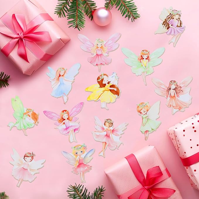 Cheereveal 24pcs Wooden Hanging Ornaments for Christmas Tree, Colorful Fairy Pendant Embellishments DIY Crafts for Door Wall Room Decor, Wood Decorations Supplies