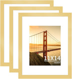 11x14 Picture Frame 3 Pack - Gold Poster Frame Display Pictures 8x10 with Mat or 11 x 14 Without Mat for Wall Hanging Horizontal and Vertical