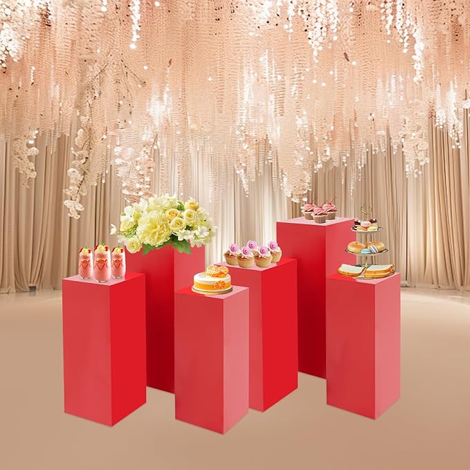 6 PCS Display Pedestal Stand, Metal Display Pedestal Stands Decoration Cube Sculpture Displays Column Square Displays Stands Pillars for Wedding Party Baby Shower Birthday (Red, 6PCS)
