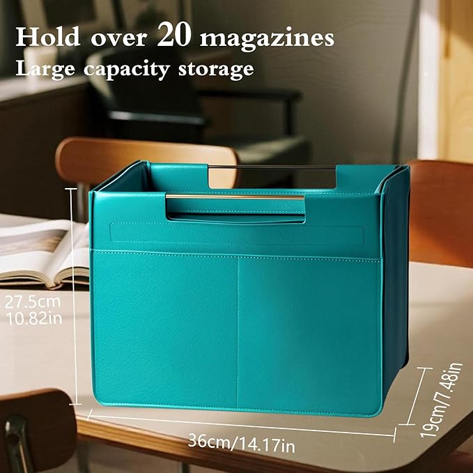 Leather Magazine Holder Foldable with Handles，Stable Magazine Rack Floor，Magazine Basket File Holder Storage，Document File Folder Organizer Free Standing for Office Living Room (green)