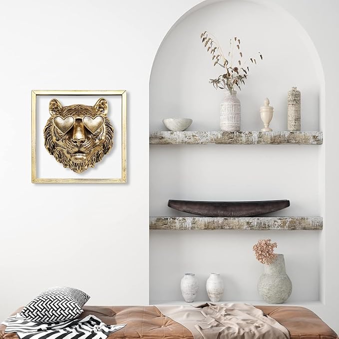 Newinhome Animal Heads Wall Decor (Includes Metal Frame) Resin Animals Sculptures Head Wall Hanging Decoration Gold vintage Wall Sculpture for Living Room Bedroom Office(Tiger)