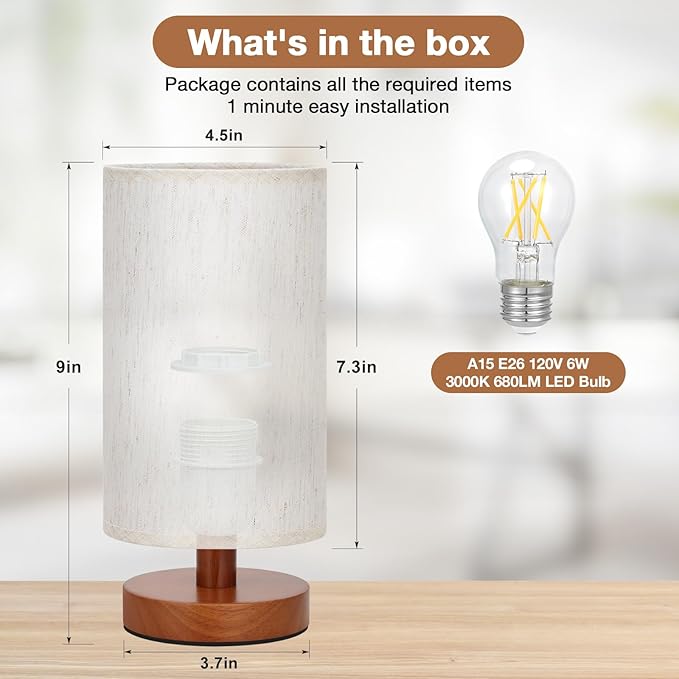 Fenmzee Small Table Lamp for Bedroom - Inline Control, Bedside Lamp with 3000K A15 LED Blub, Easy Assembly (Cream Shade - Walnut Base, 9" Inline Control)