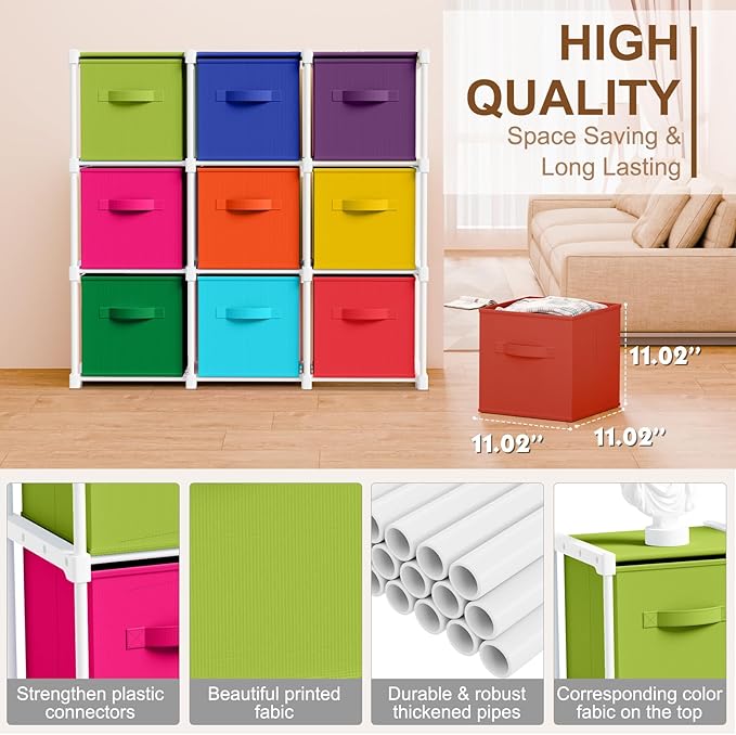 9 Cube Storage Organizer with Shelf Back to School Boxes 11 Inch Toy Storage Bins Closet Organizers Drawers Fabric Dresser for Playroom Books Bedroom Dorm Kitchen (Multicolor)