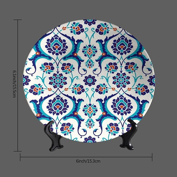 Turkish Decorative Ceramic Plates, 10 Inch, DarkTurquoise Round Display Plate, Home Wobble-Plate with Display Stand, for Home Kitchen Bedroom Decorative Ornaments