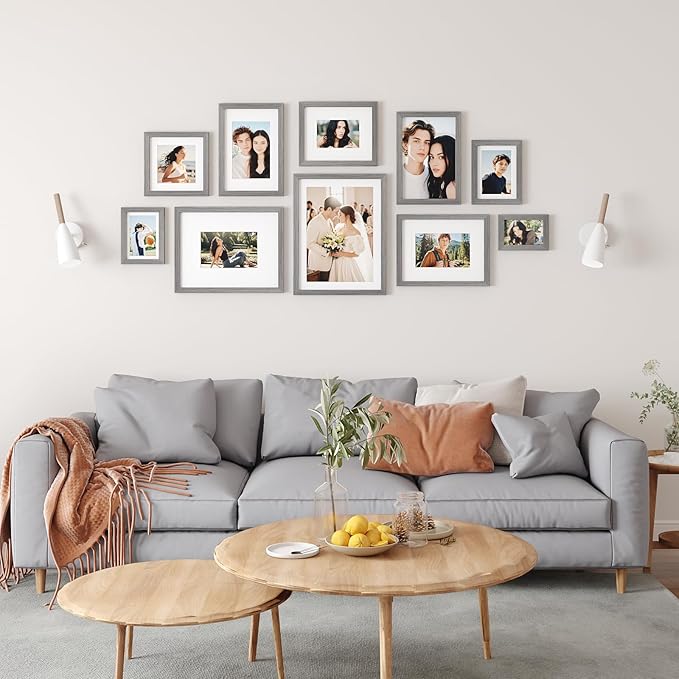 Egofine 12x16 Picture Frames Set of 4, Made of Solid Wood Covered by Plexiglass 9x12 and 11x14 with Mat or 12x16 without Mat, for Wall Mounting Photo Frame Light Grey