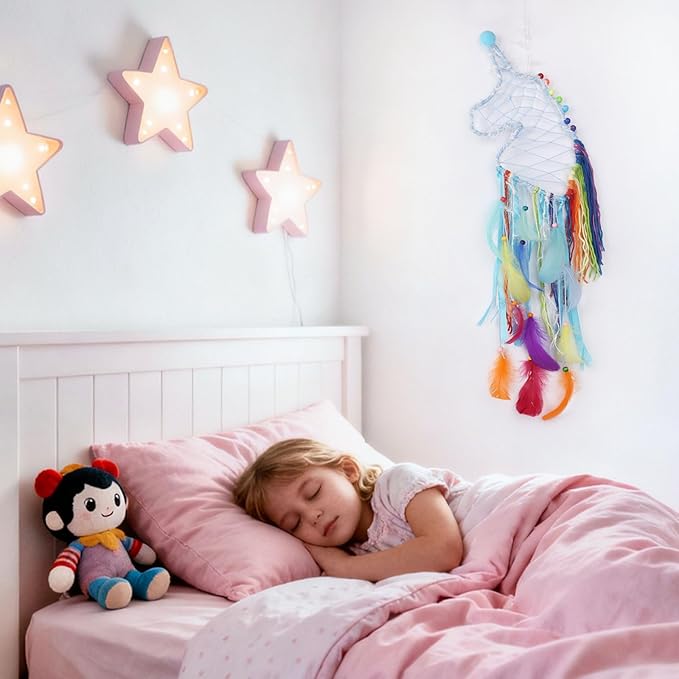 Pretty Jolly Unicorn Dream Catchers for Little Girls Bedroom Handmade Kids Dreamcatcher with Fluffy Pom Poms Feathers&Beads,Nursery Wall Decor for Toddler Girls Room,Children Birthday Gift(Blue)