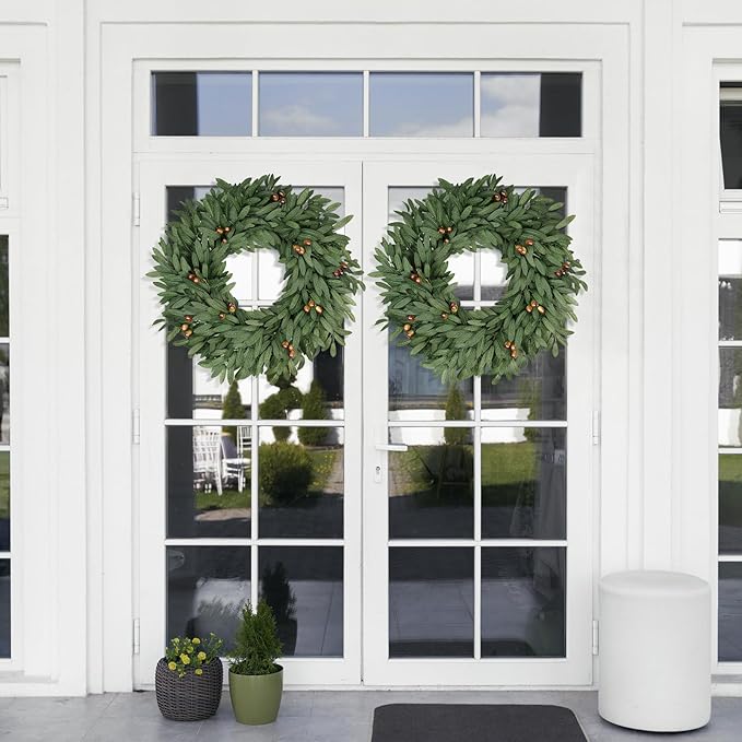 Olive Eucalyptu Wreaths for Front Door 24 Inch, Artificial Waterproof Green Lush Olive Branch Wreath with Berry for Home Outdoor Indoor Farmhouse Window Spring Summer All Seasons