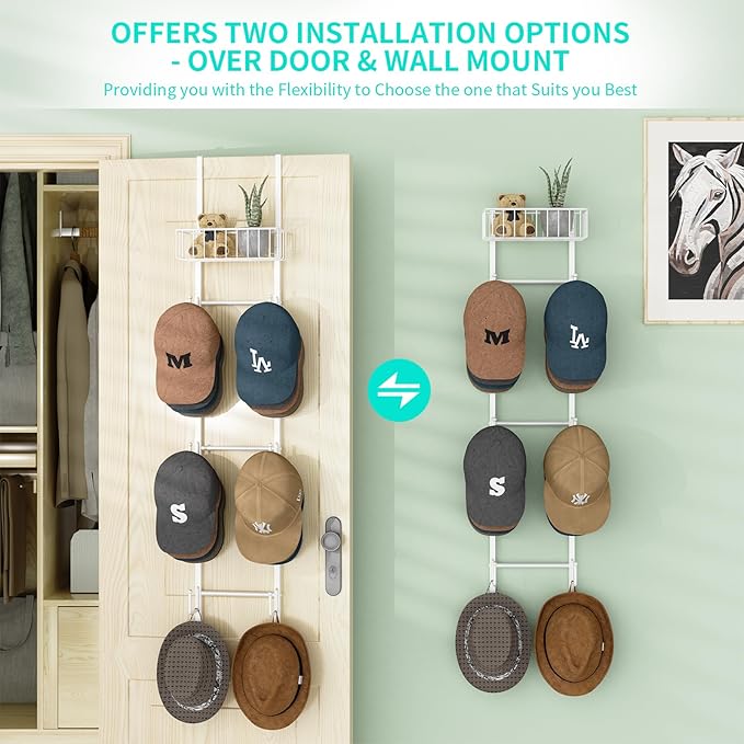 HapiRm Over Door Hat Rack - Wall Mounted Hat Holder with 6 Hooks and Metal Basket Design, Baseball Cap Organizer Storage Up to 32 Caps for Door, Bedroom, Closet (White)